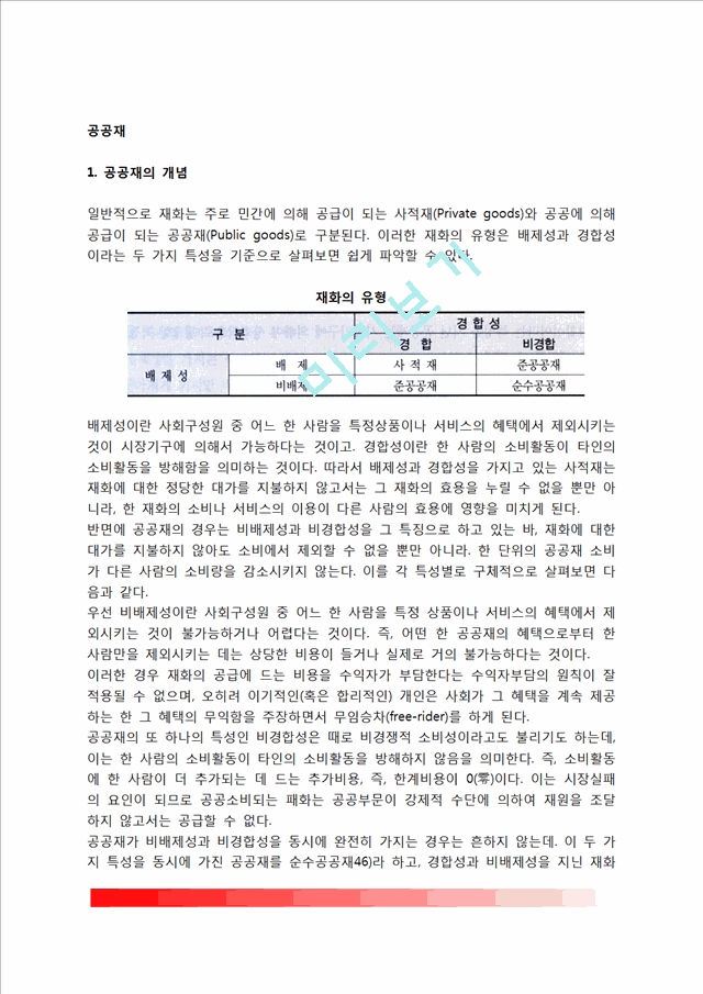 [공공재] 공공재의 개념과 유형, 준공공재의 정의와 특성, 공공재의 공급과 계획.hwp